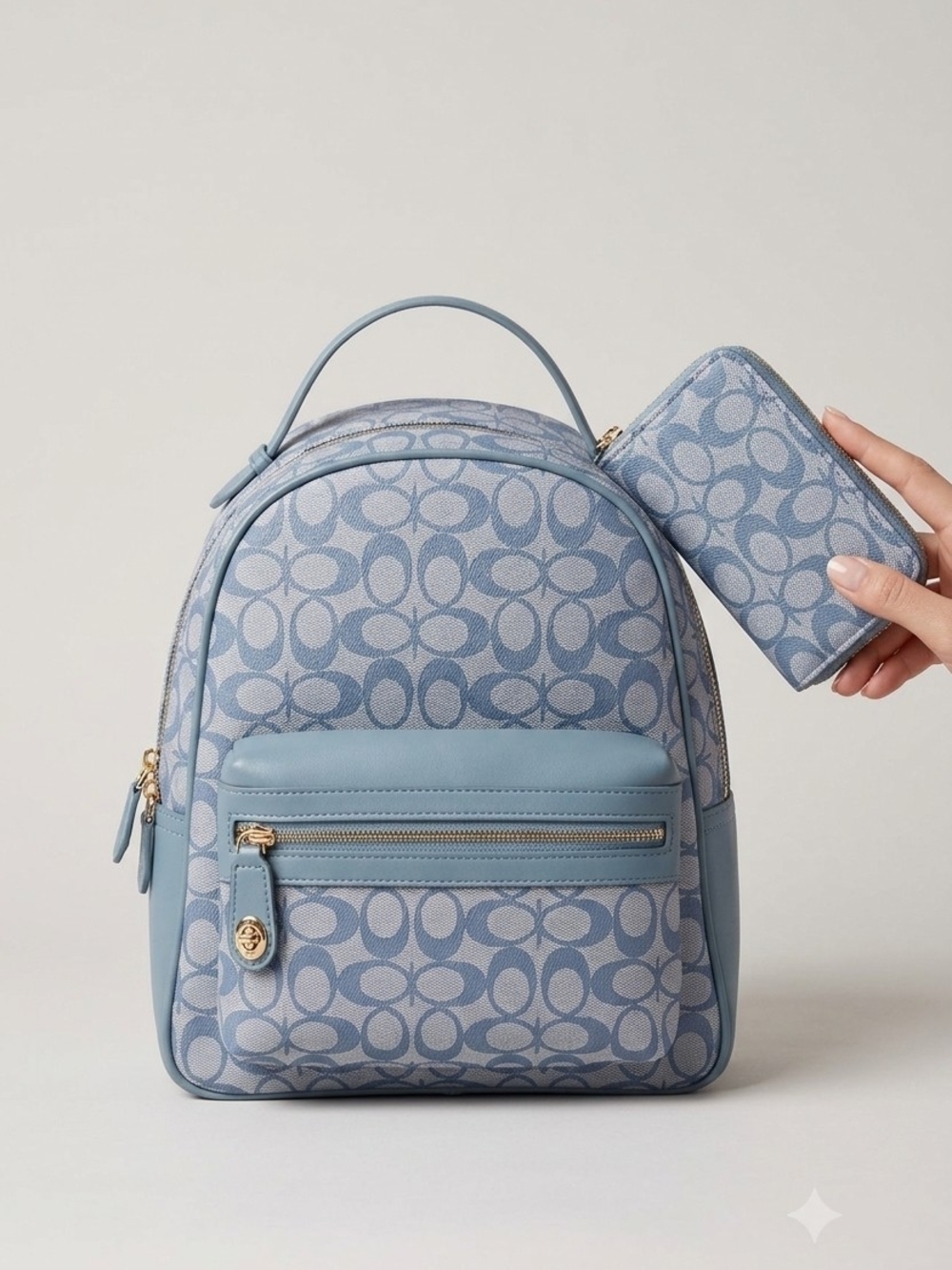 Blue Signature Pattern Mini Backpack with Wallet
